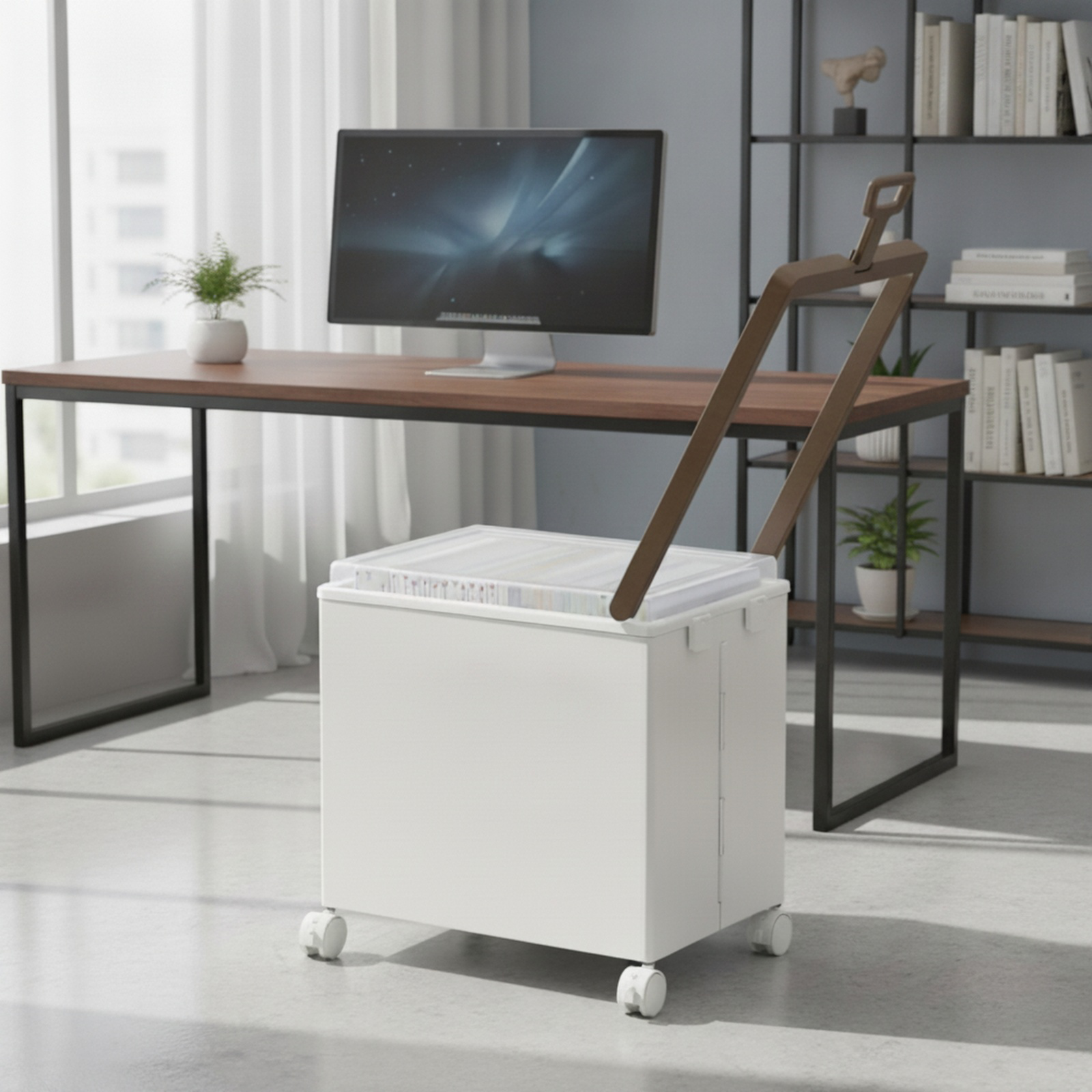 Portable under-desk trolley with wheels and lid for storing books, snacks, and other items; a foldab