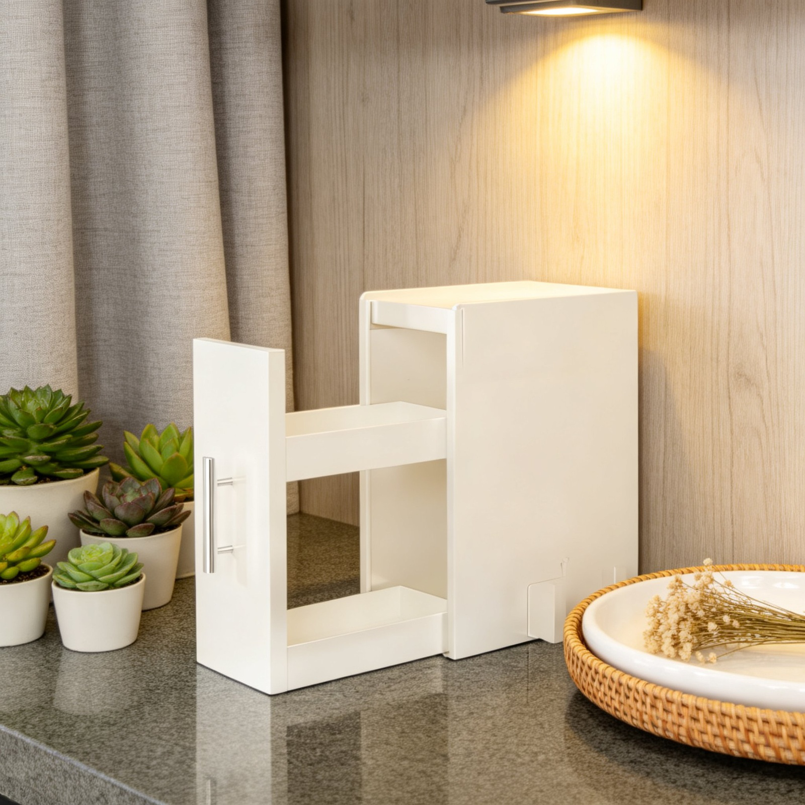 Organizador de especias de hierro, resistente al polvo, para cocina, diseño compacto de mesa