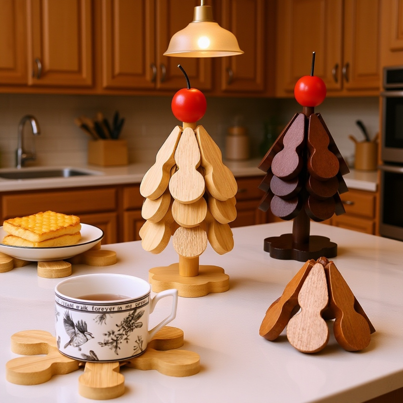 耐熱性を示すカップと木形マットの写真