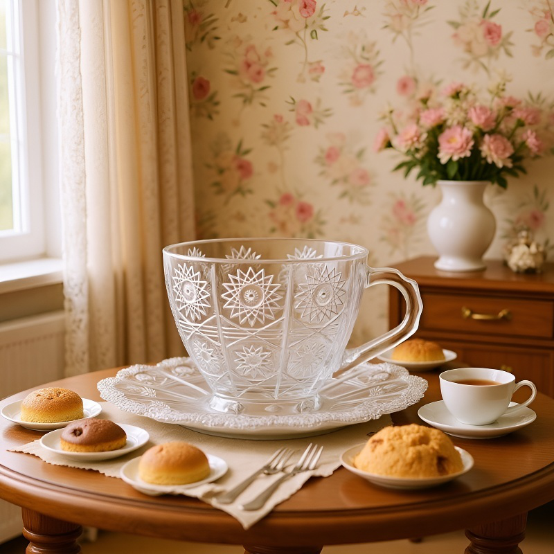 彫刻されたひまわり模様のワイングラス、コーヒーカップ、ティーソーサーセット