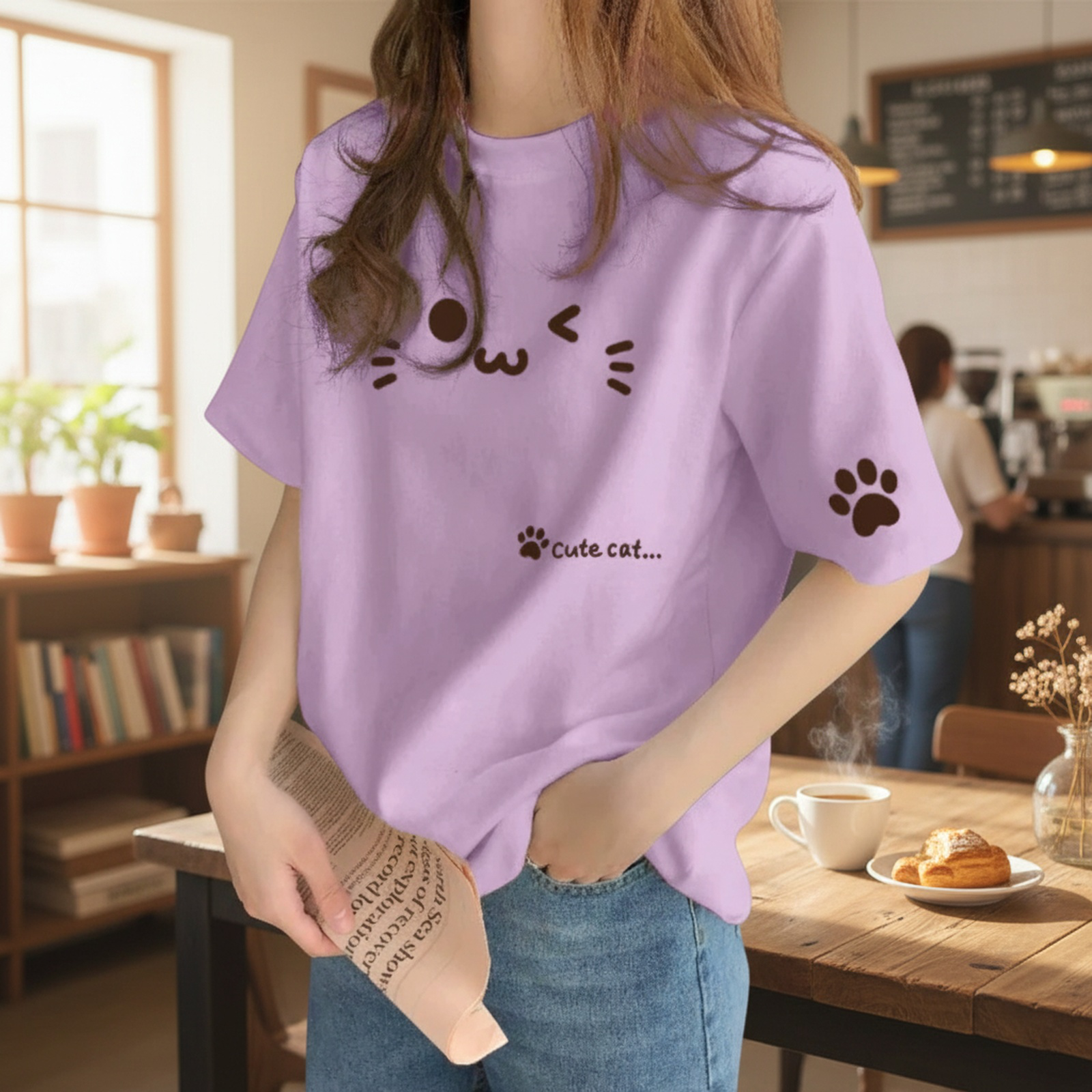 デザイン感のある レディース コットン ベージュ インナーTシャツ