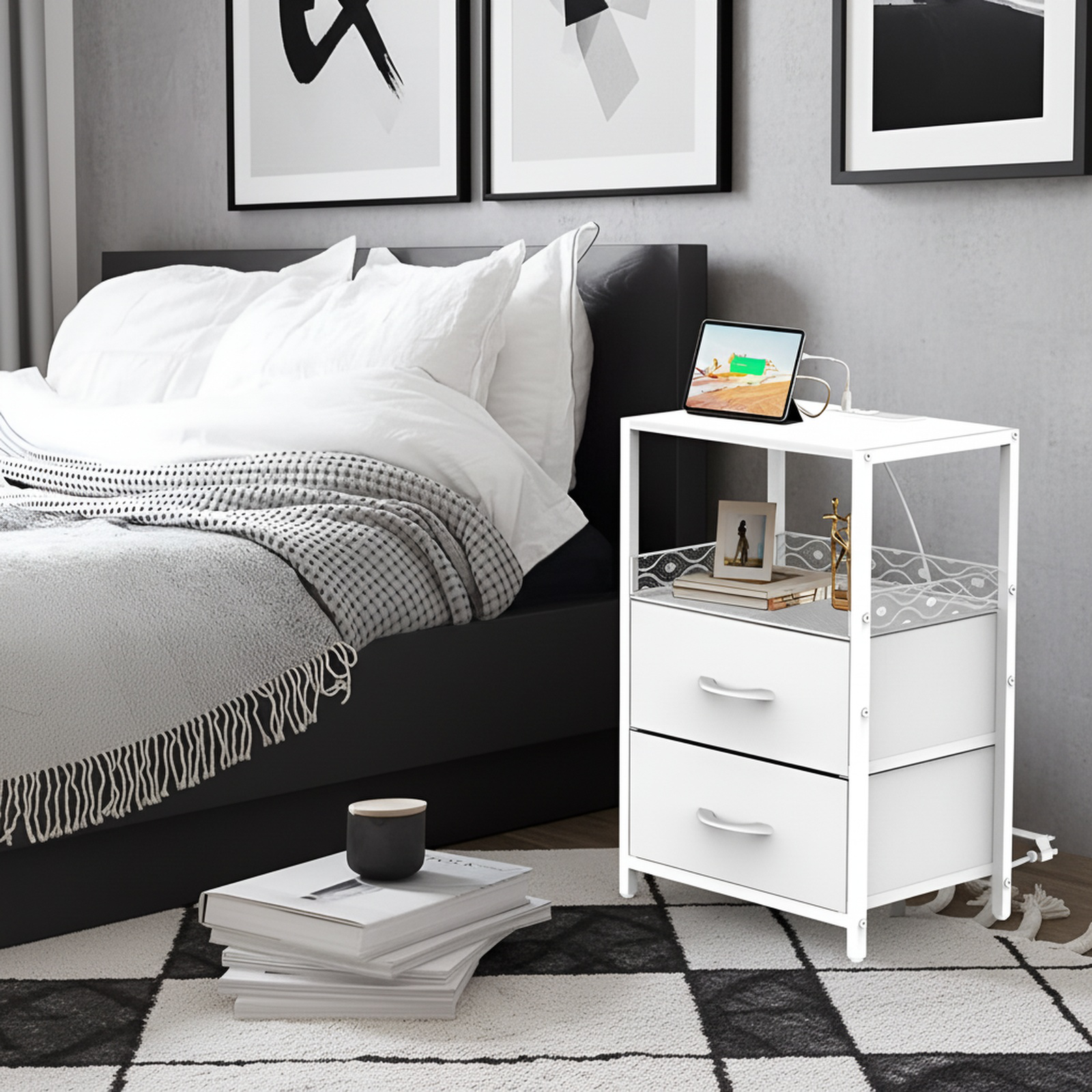 Dreilagiges Aufbewahrungsregal mit integrierter Ladestation und USB-Port, mit Schublade