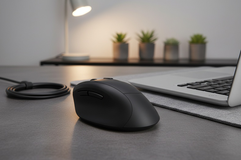 Office desk setup with vertical mouse
