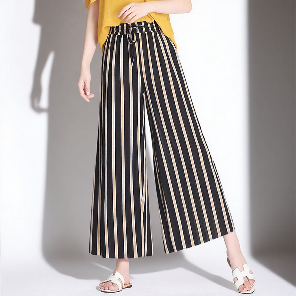 【ストライプワイドパンツ】爽やか　通気  シワに　なりにくい  着痩せ　美脚