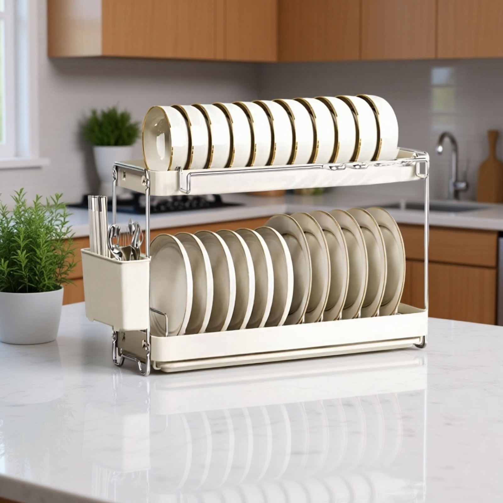 新しいステンレススチール製のボウルとプレートの排水ラックキッチンラックシンクの食器用排水バスケット食器収納ラック