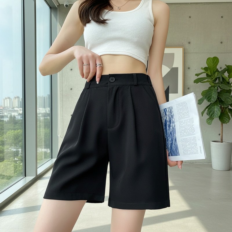 여성 모델이 착용한 통기성 좋은 5부 팬츠