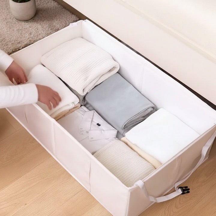이불과 패드가 정리된 수납장 내부