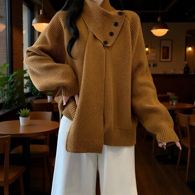 Vネックセーターとスカーフのコーディネート例