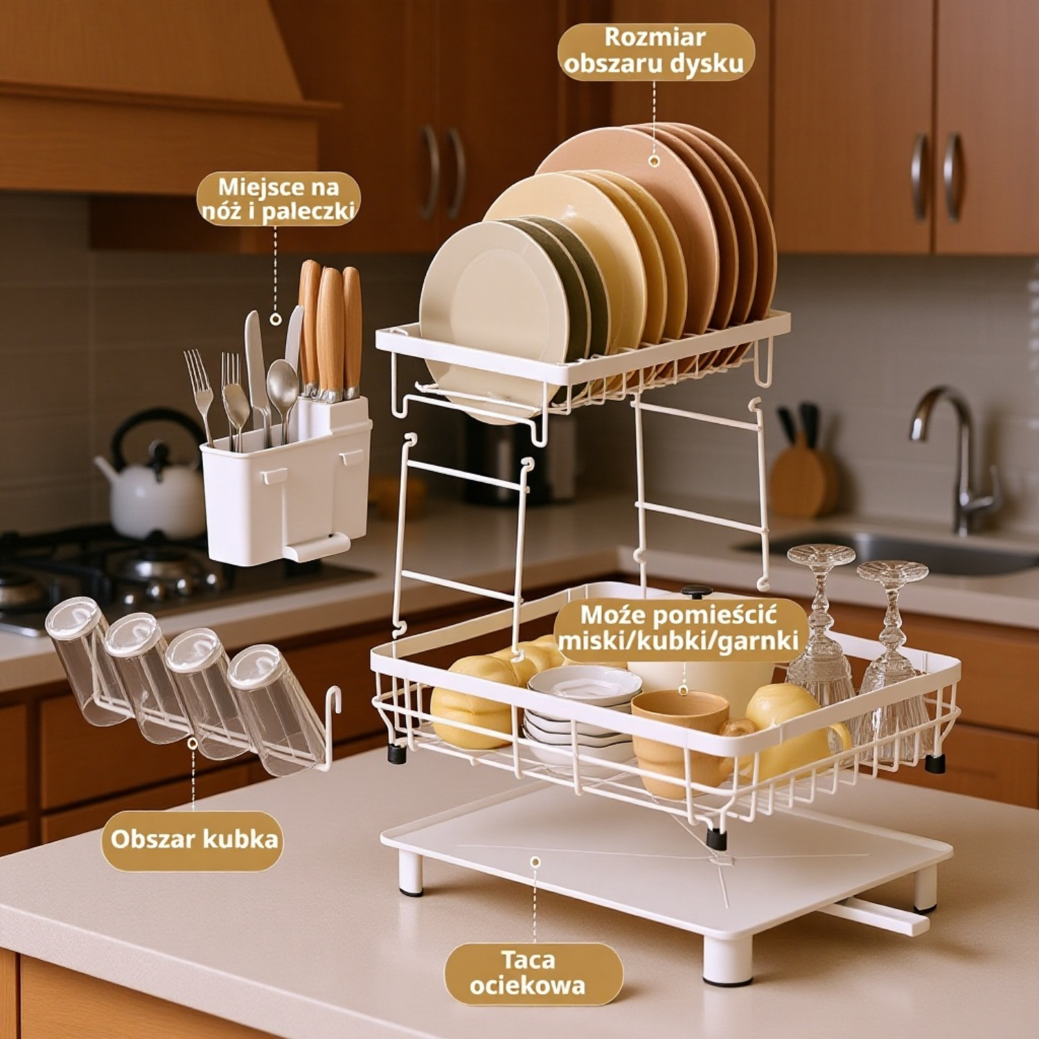Dwupoziomowy zdejmowany stojak na suszenie naczyń z koszem