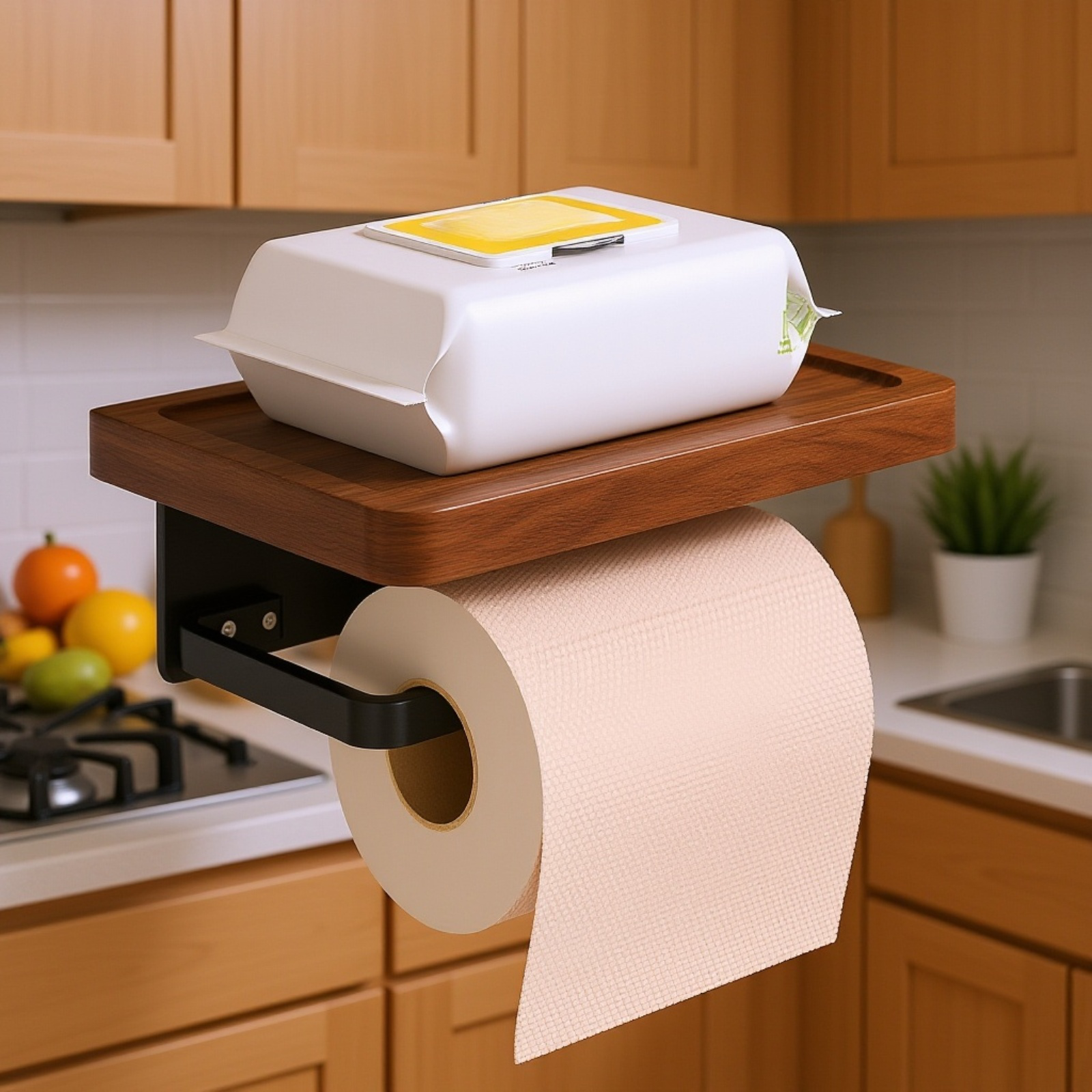  ウォールナット材バスルームペーパーボックス　穴あけ不要ティッシュラック