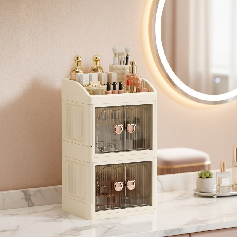 Boîte de rangement cosmétique multifonctionnelle à tiroirs sur une coiffeuse