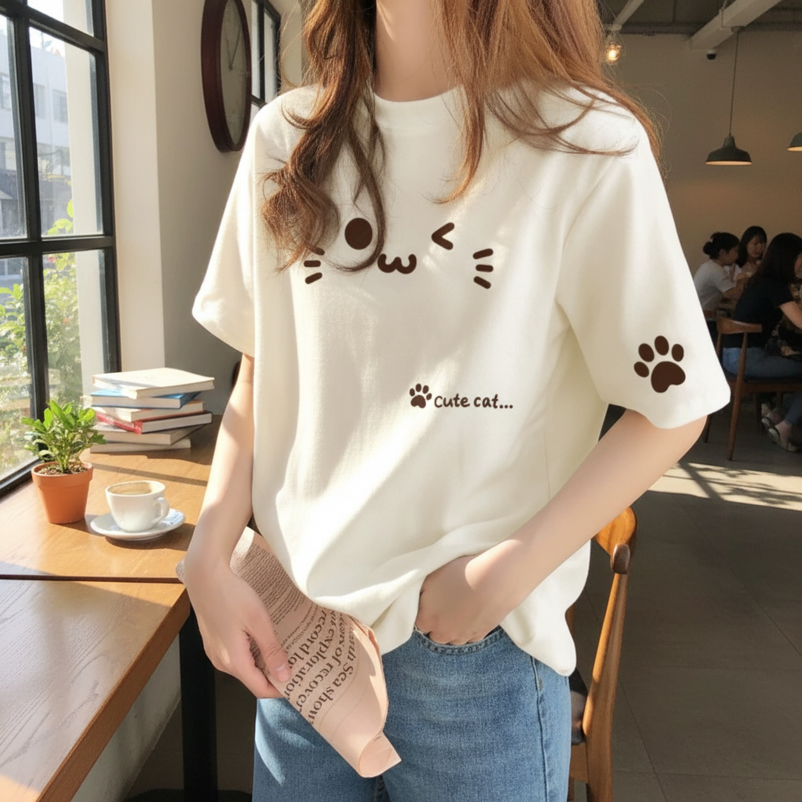 デザイン感のあるレディースコットンベージュインナーTシャツ正面画像
