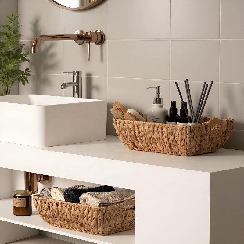 Wicker Storage Organizer Basket Made of Water Hyacinth and Straw