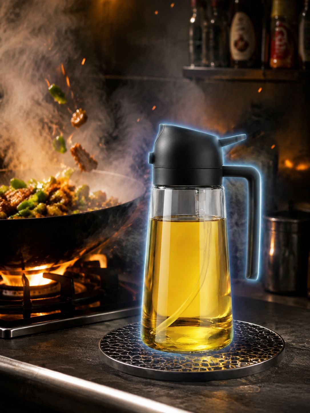 Durable glass oil sprayer with stainless steel top