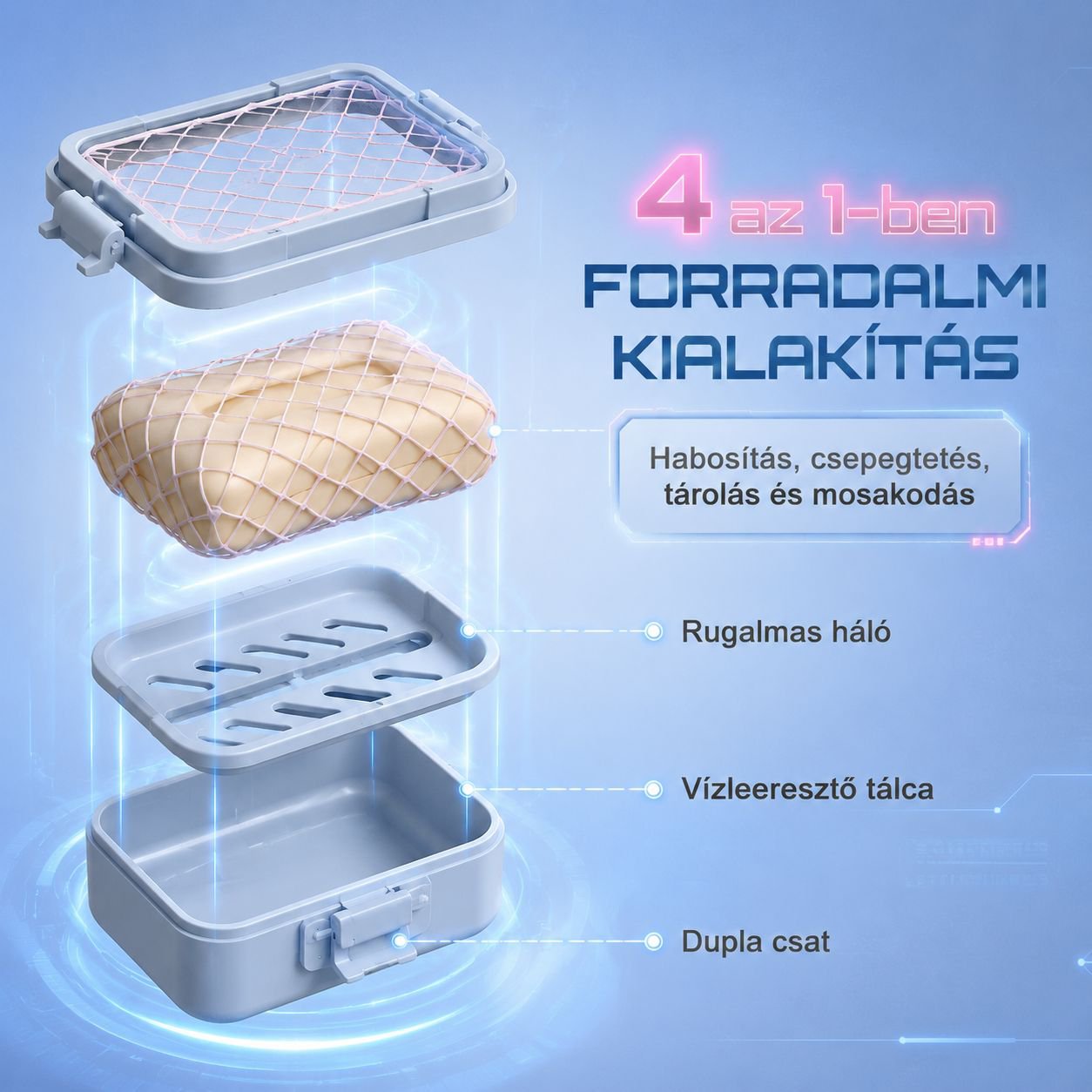 Féláron magas rugalmasságú hálós szappantartó, tároló és habosító kétfunkciós