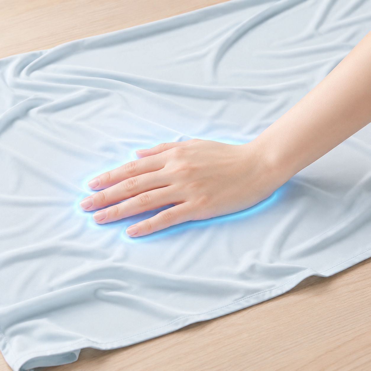 ベッドに広げた夏用ひんやりブランケット