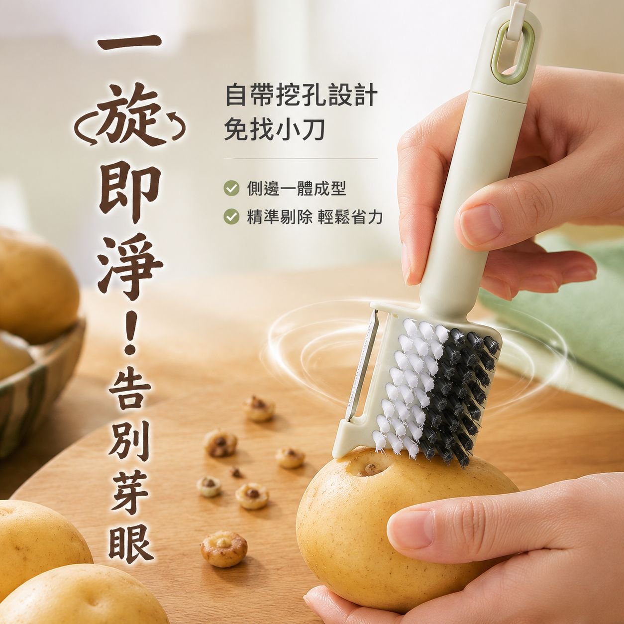 多功能蔬果刷、廚房刷、食品級清潔刷，集刮板、削皮器及刮擦功能於一體，不使用刷毛。