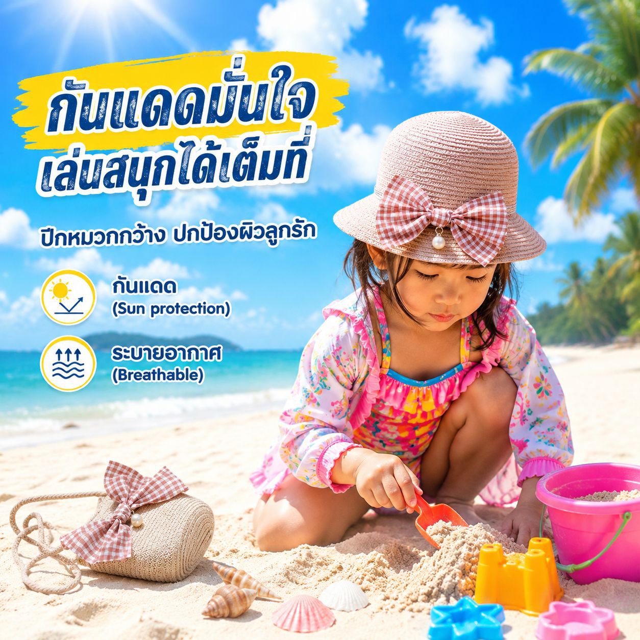 ชุดหมวกฟางเจ้าหญิงเด็กผู้หญิงพร้อมกระเป๋า หมวกกันแดดสำหรับหน้าร้อน