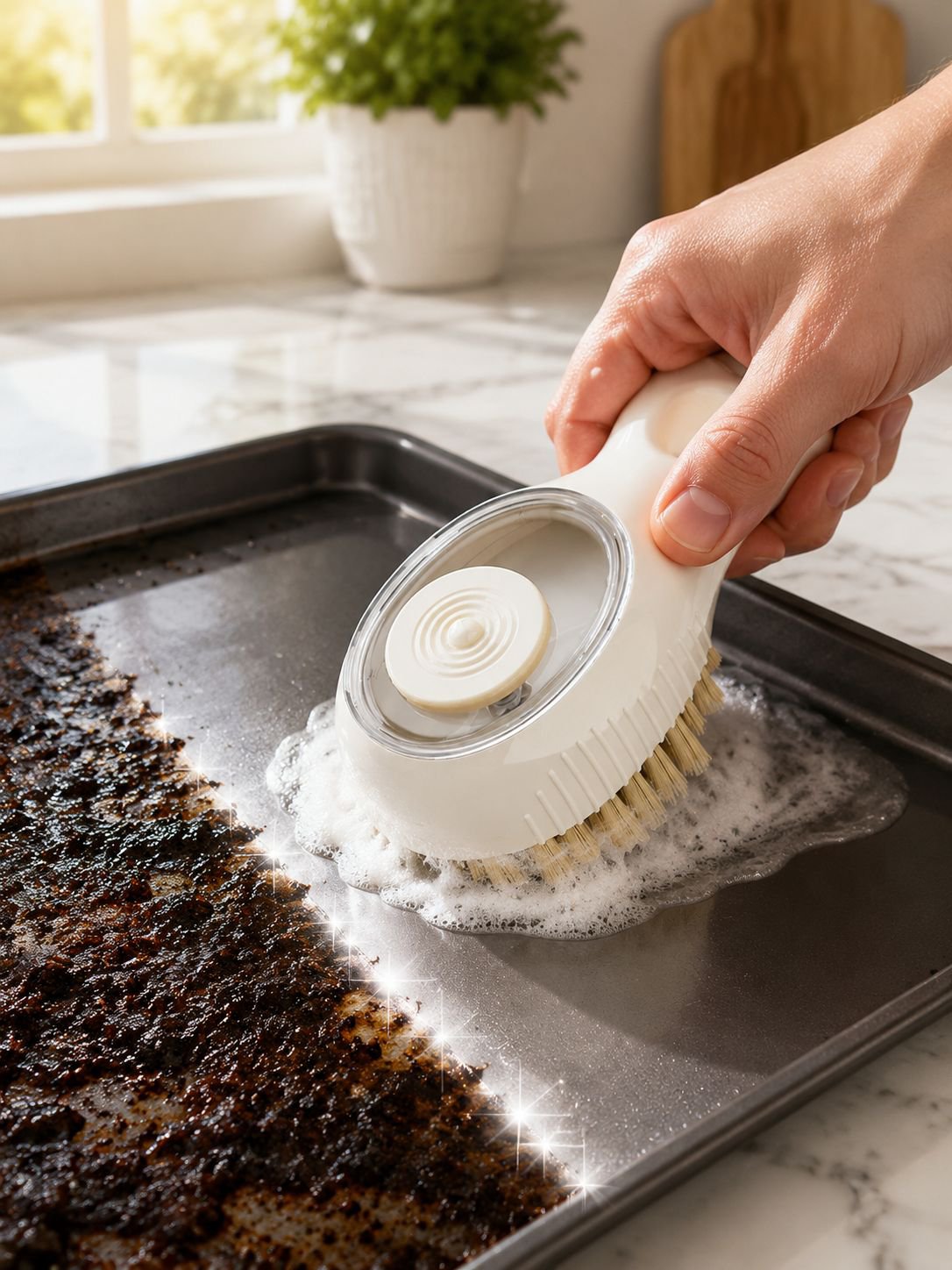 Cleaning narrow gaps around the sink with soap brush