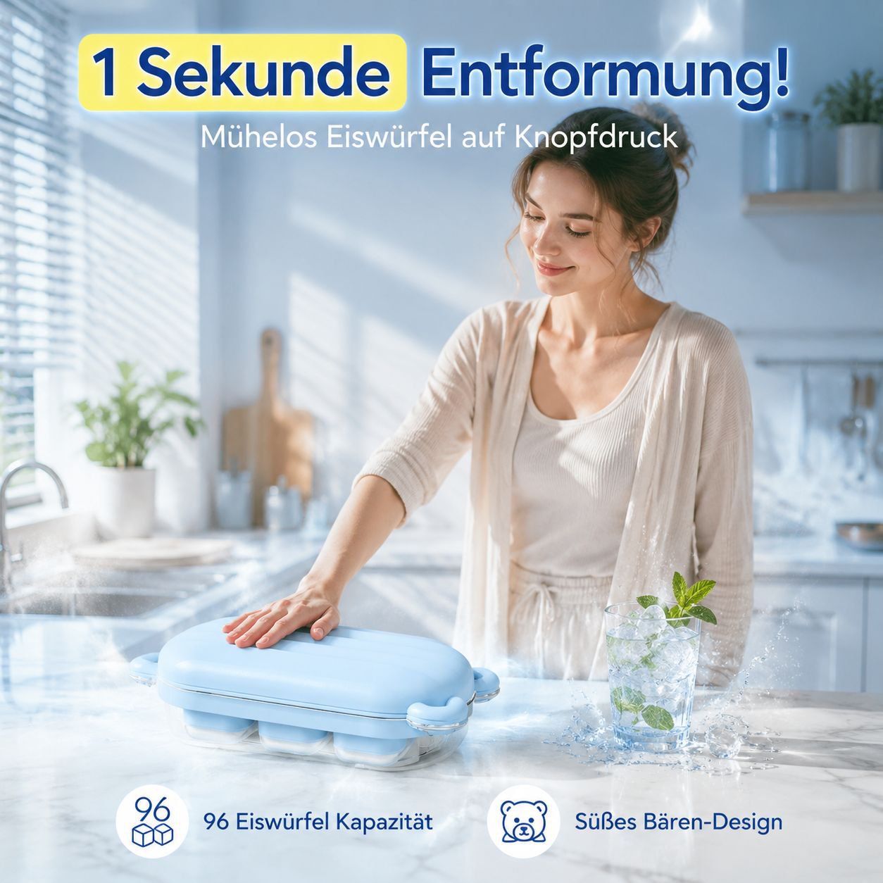 Silikon-Eiswürfelform, quadratisch mit Deckel, einfaches Entnehmen durch Drücken