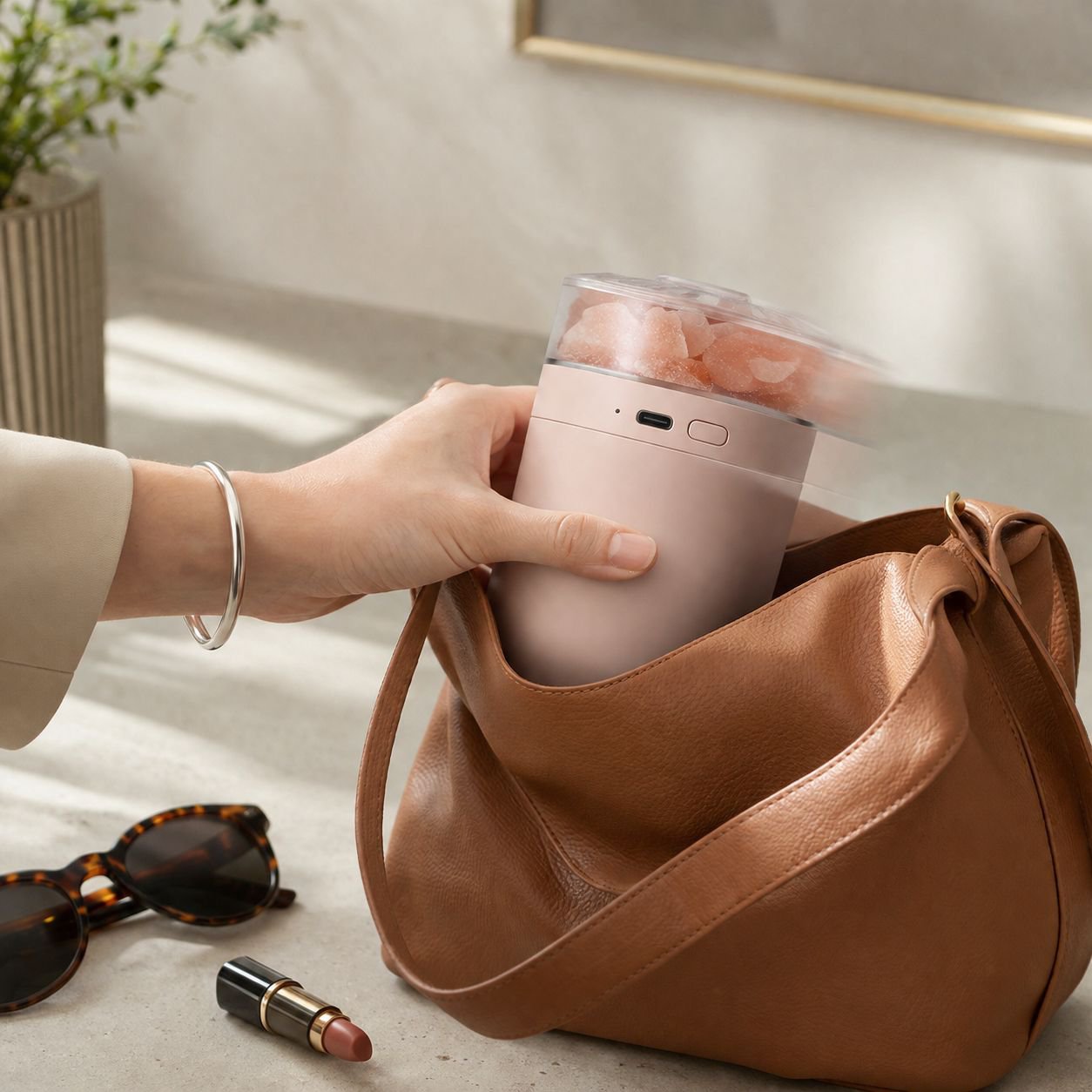 Close-up of Himalayan salt lamp air purifier with wireless charging feature