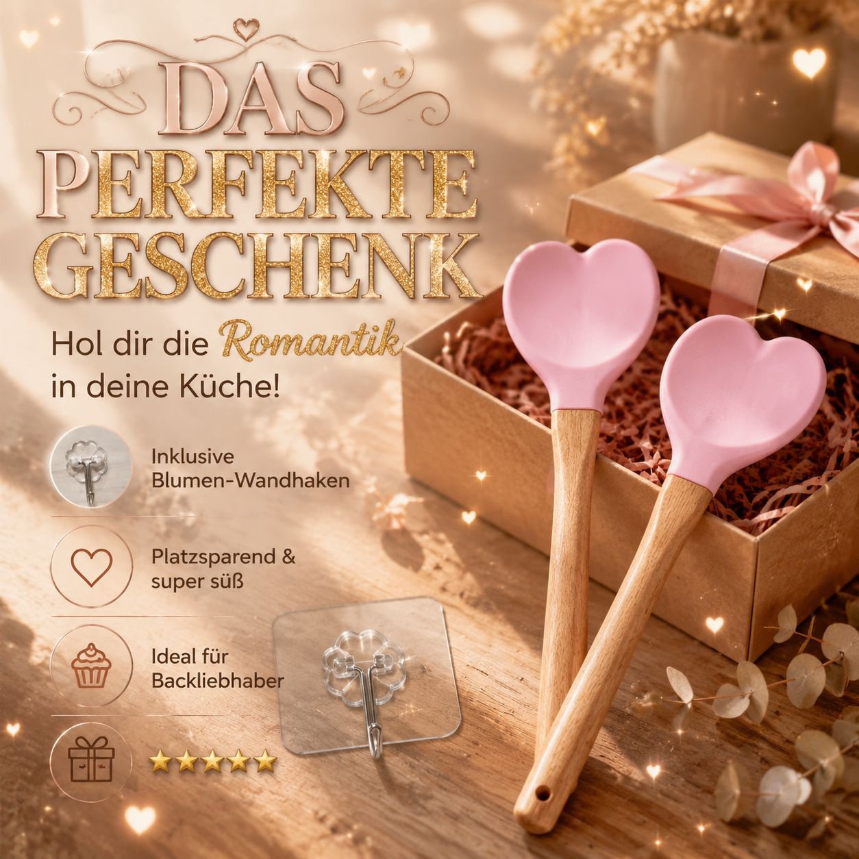 Rosa Herz-Silikonspatel 2 Stück Küchenaccessoire