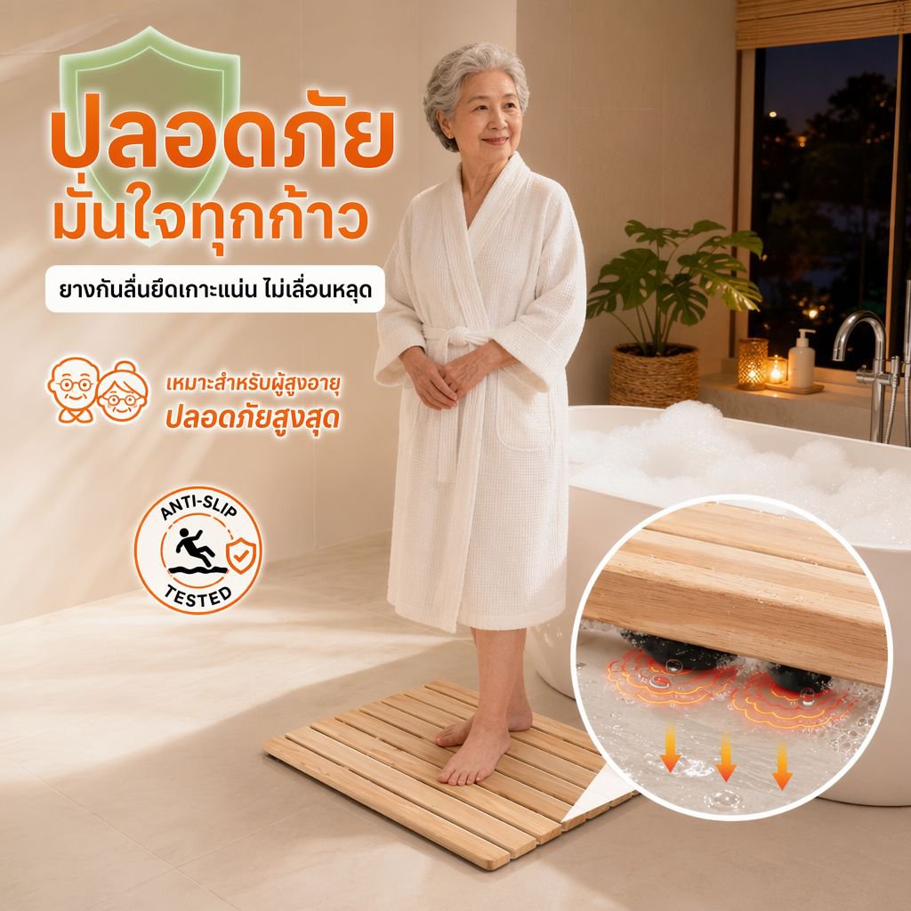 แผ่นไม้กันลื่นสำหรับห้องน้ำ ผลิตจากไม้กันผุ หนาเป็นพิเศษสำหรับห้องอาบน้ำ