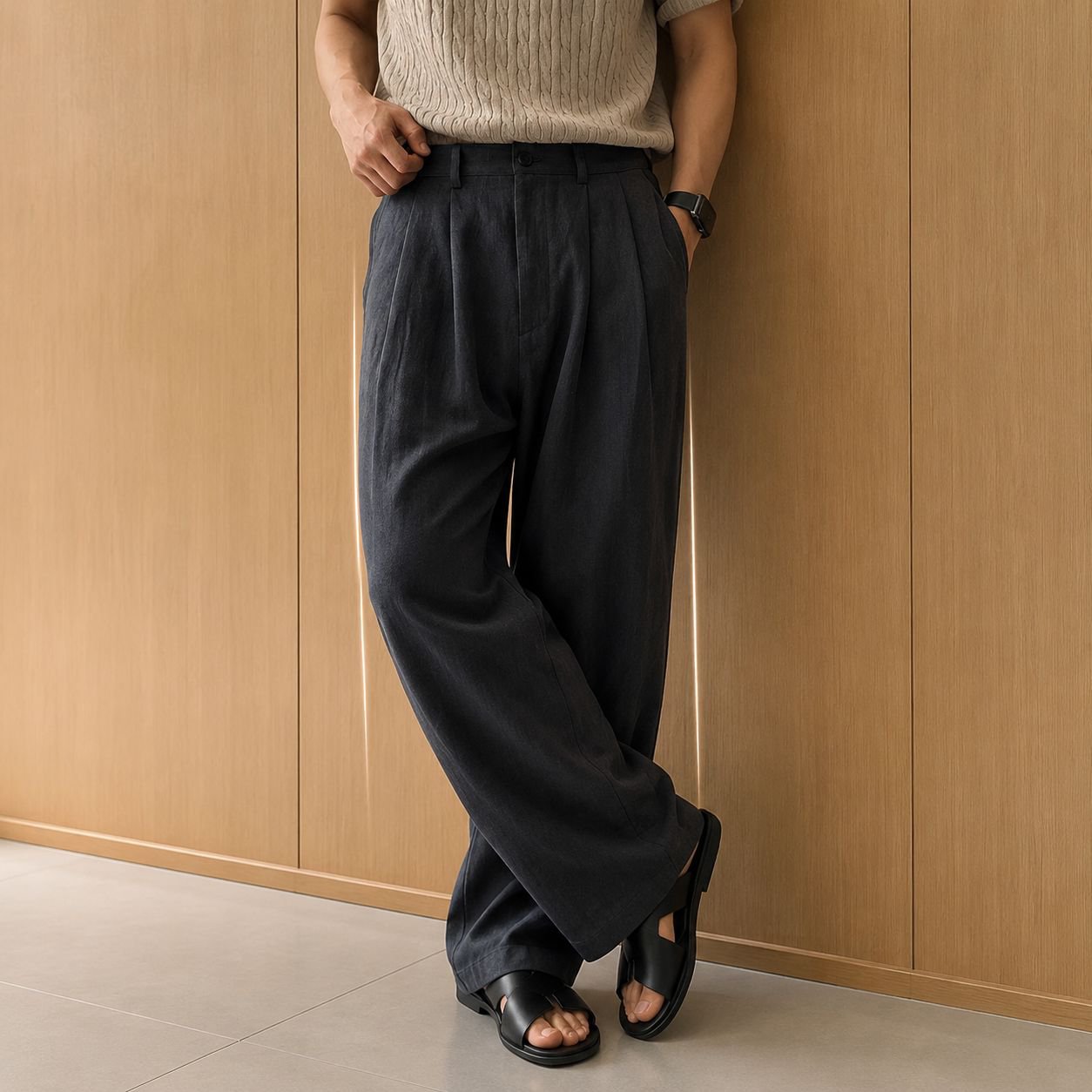 メンズ純リネン手作りストレートパンツ