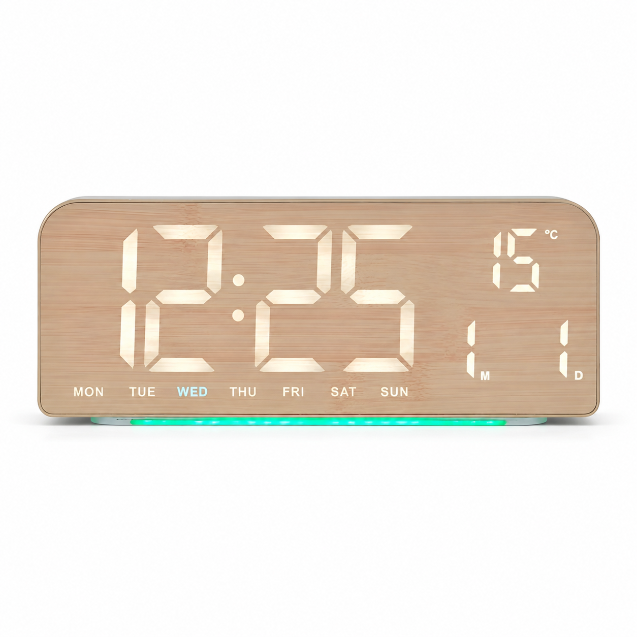 Woodgrain Fabric Nordic Table Clock with Large LED Screen, Date and Weekday Function