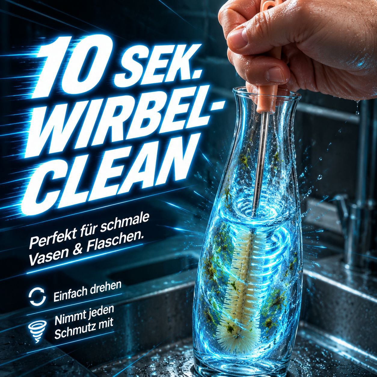 Kabelloser Reiniger mit austauschbaren Bürstenköpfen, geeignet für Küche und Bad