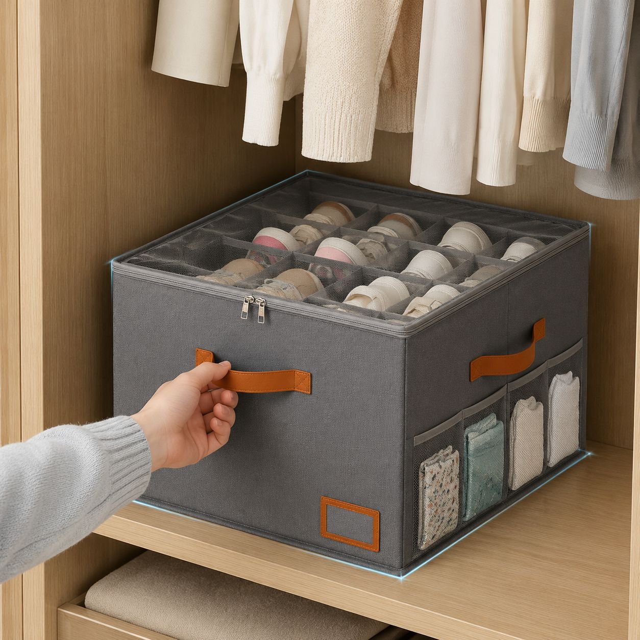 Schuhaufbewahrungsbox aus Stoff mit Fächern, Deckel, faltbar, staub- und feuchtigkeitsgeschützt