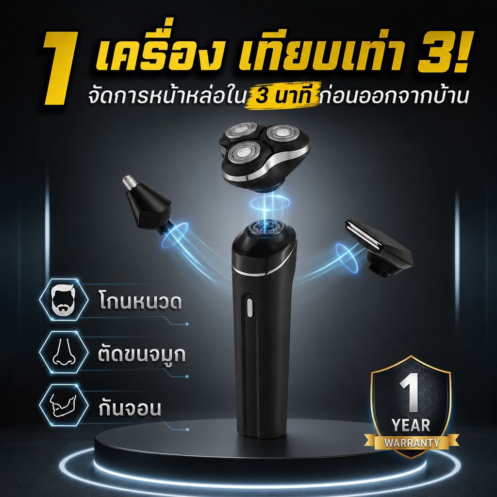 เครื่องโกนหนวดไฟฟ้าแม่เหล็ก 3-in-1 ล้างน้ำได้ทั้งตัว
