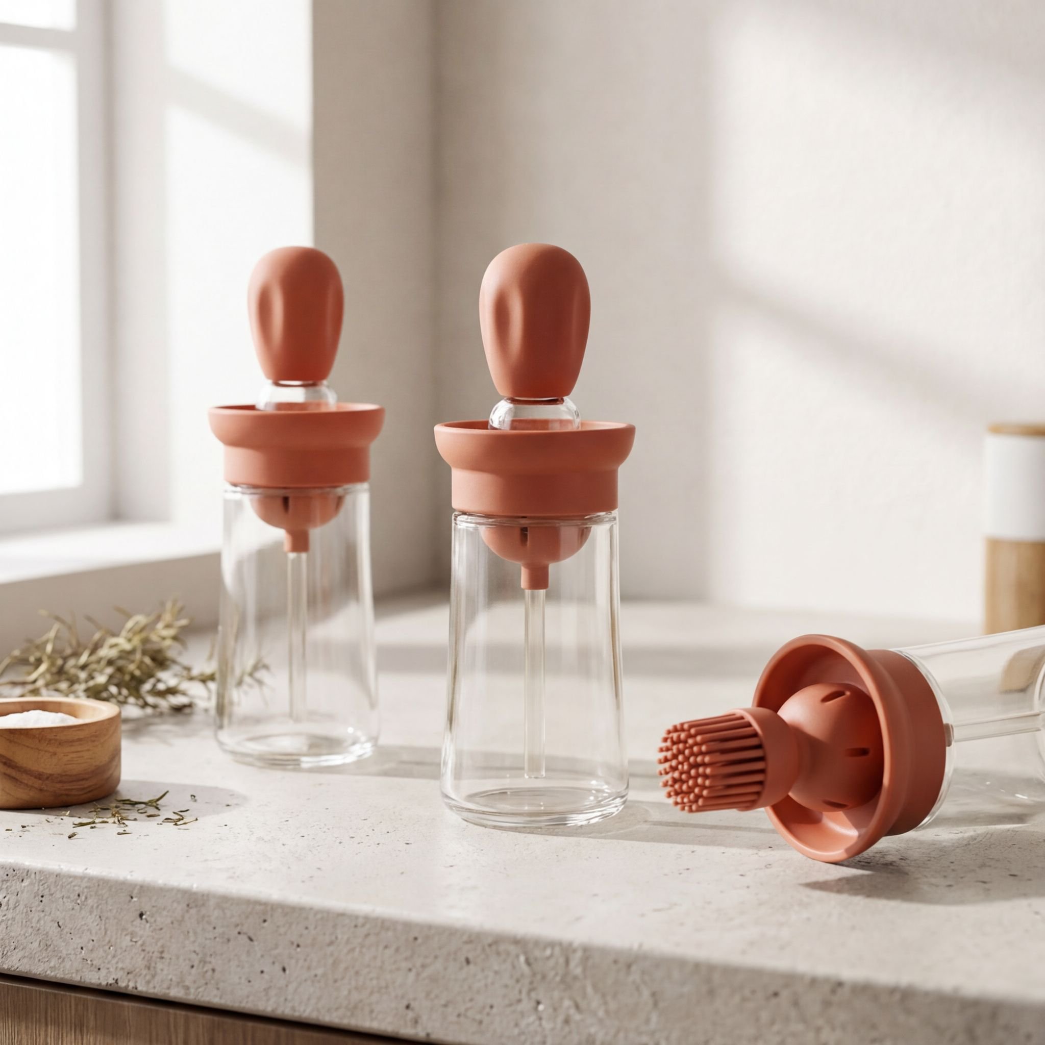 家庭用キッチン用ガラス製オイルディスペンサー（シリコンブラシ付き）