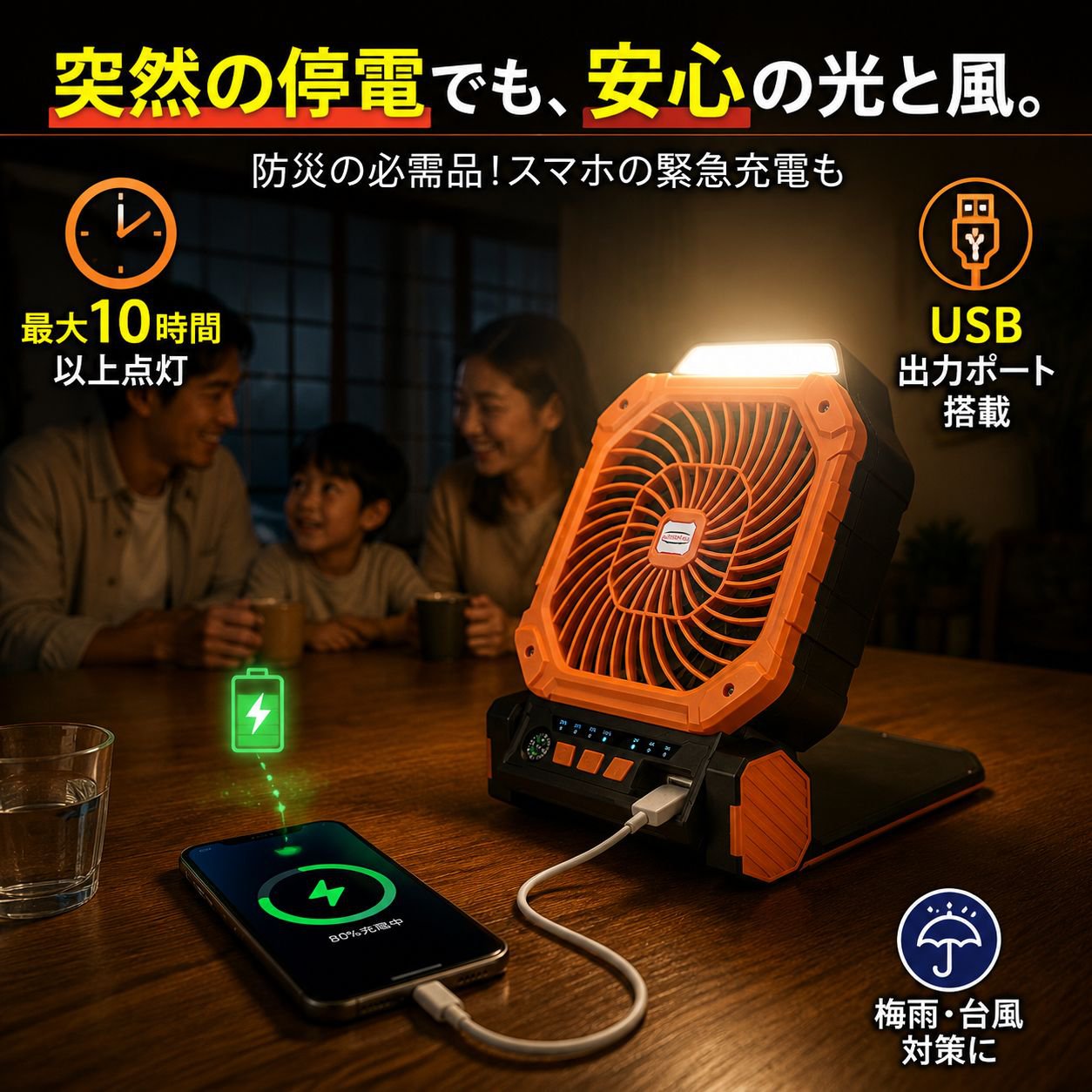 ソーラー充電式携帯ファン テント吊り下げLEDライト 夜釣りキャンプ多機能ライト
