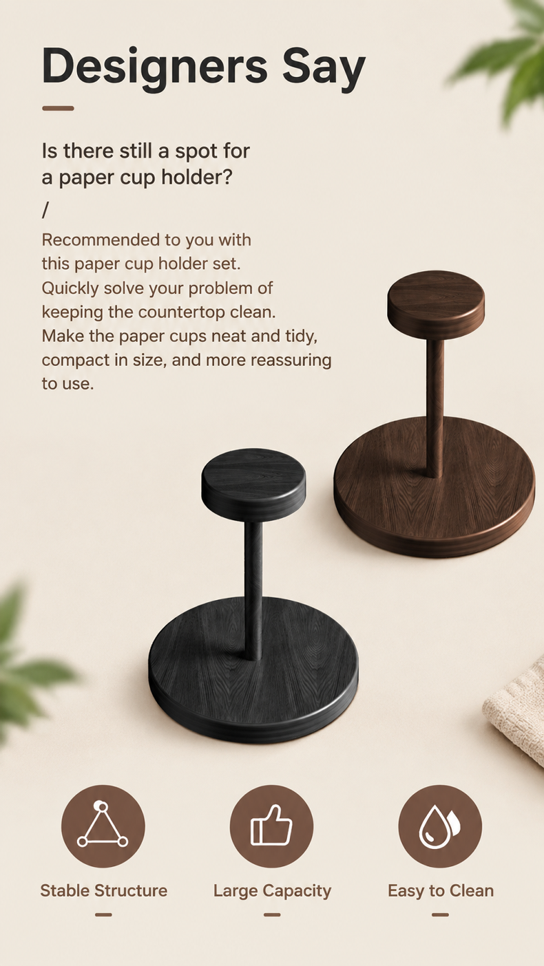 Stylish wooden paper cup organizer with a warm walnut finish
