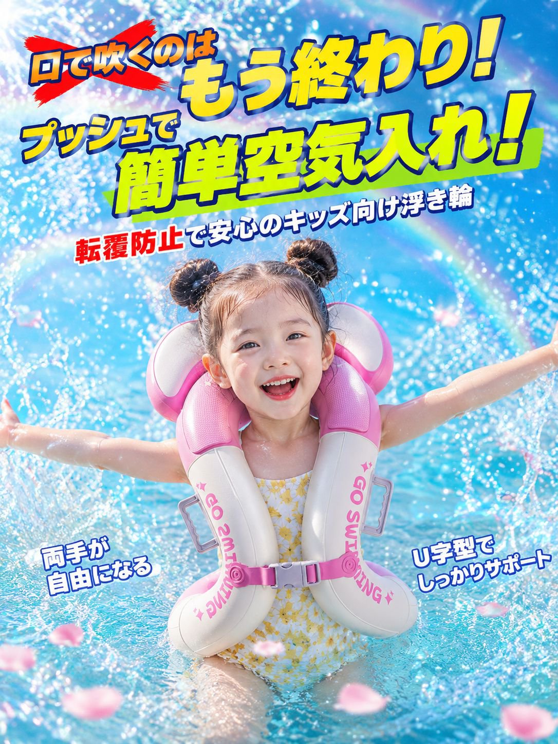 【小児科医＆インストラクター推奨】ひっくり返らないベビー浮き輪｜手押しポンプ内蔵で衛生的！左右ダブルハンドル・転倒防止・脇の下サポート（スイミングデビューに最適・安心の玩具安全基準）
