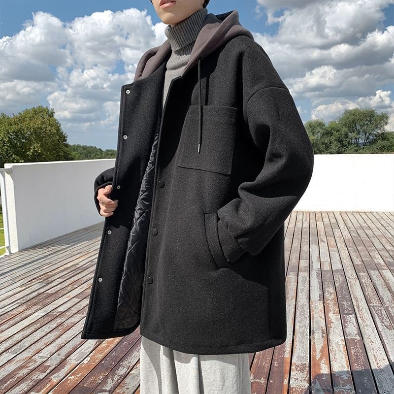 ツイードコートメンズ秋冬韓国版ミディアム丈ウィンドブレーカージャケット潮ルーズフード付きツイードジャケットのトレンド