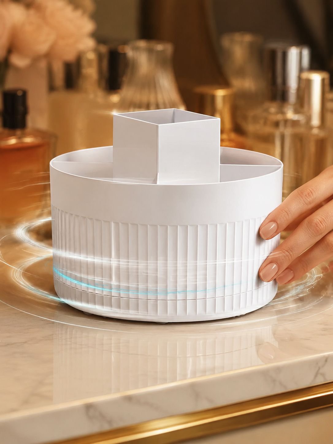 Rotating Cosmetic Storage Box on desktop with makeup brushes