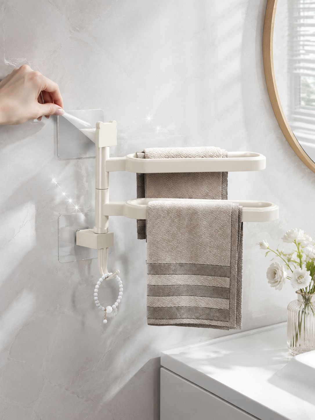 Space-saving bathroom shelf with towel bar