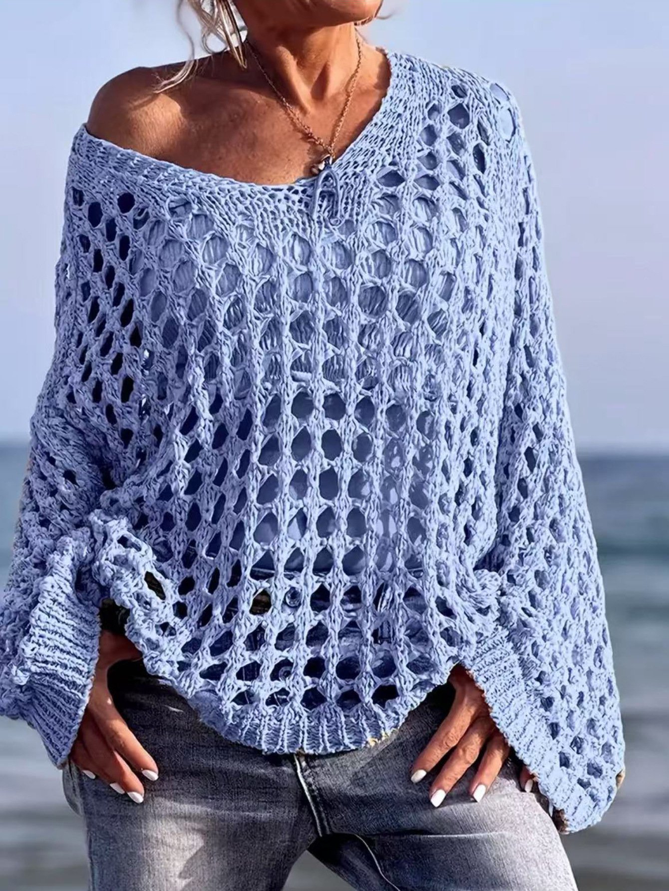 Resort-style openwork knit cover-up