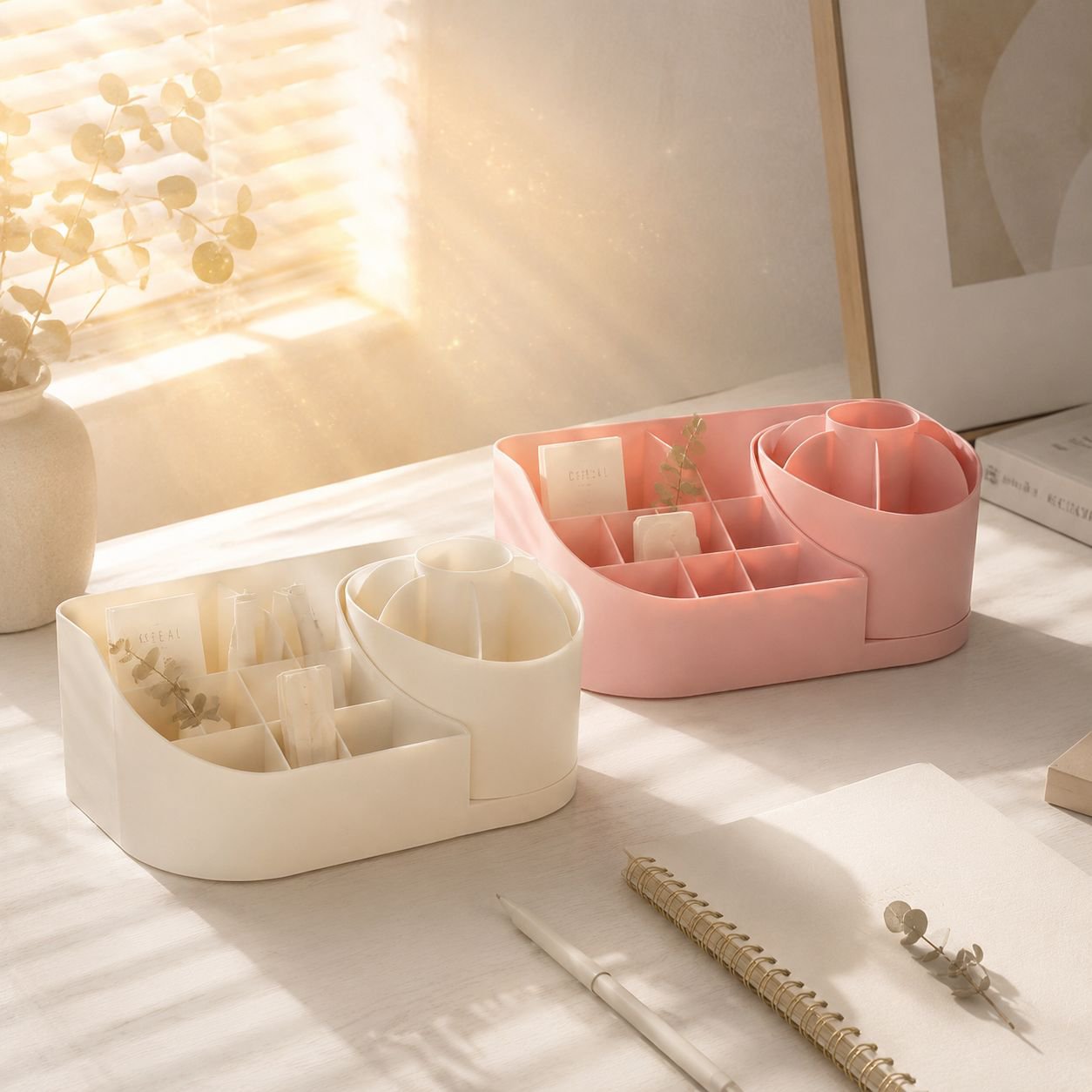 Rotating organizer storage box for clutter-free workspace