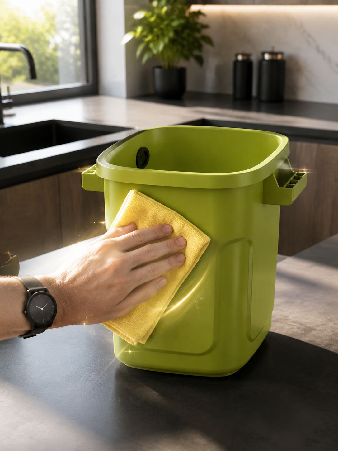 Close-up of fine locking mechanism on trash can