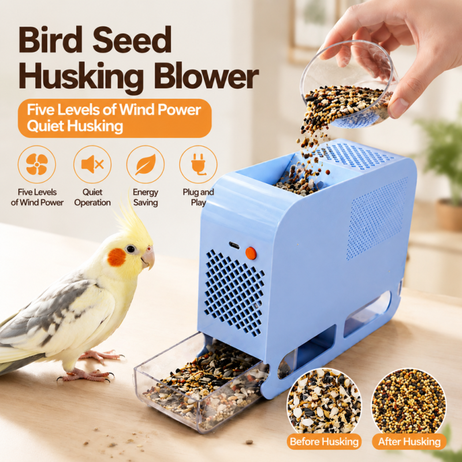 Bird food huller, parrot feed, bird food hull separator, huller blower, sieve for mixed feed, bird s