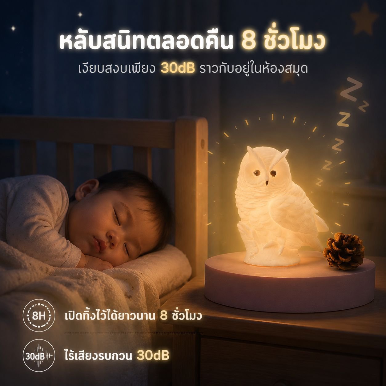 โคมไฟนกฮูกการ์ตูนข้างเตียง ทำจากเรซิน ตกแต่งบ้าน