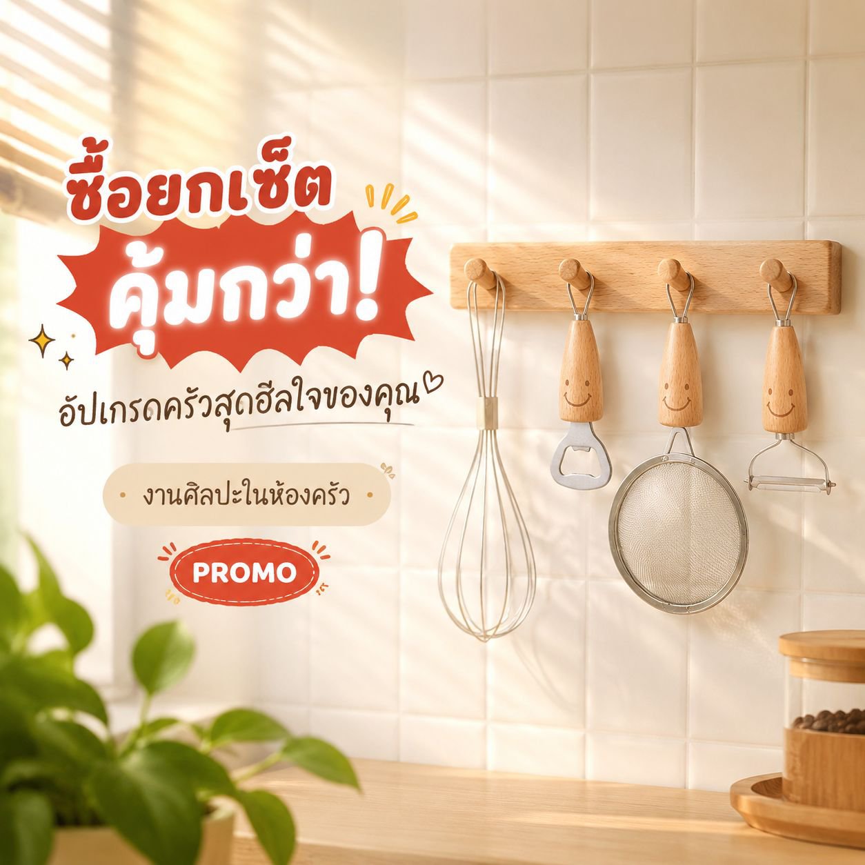 เซ็ตเครื่องมือครัวขนาดเล็กสมายล์ ด้ามจับไม้ สแตนเลส ที่ตีไข่ ที่ขูด ช้อนซุป ที่เปิดกระป๋อง