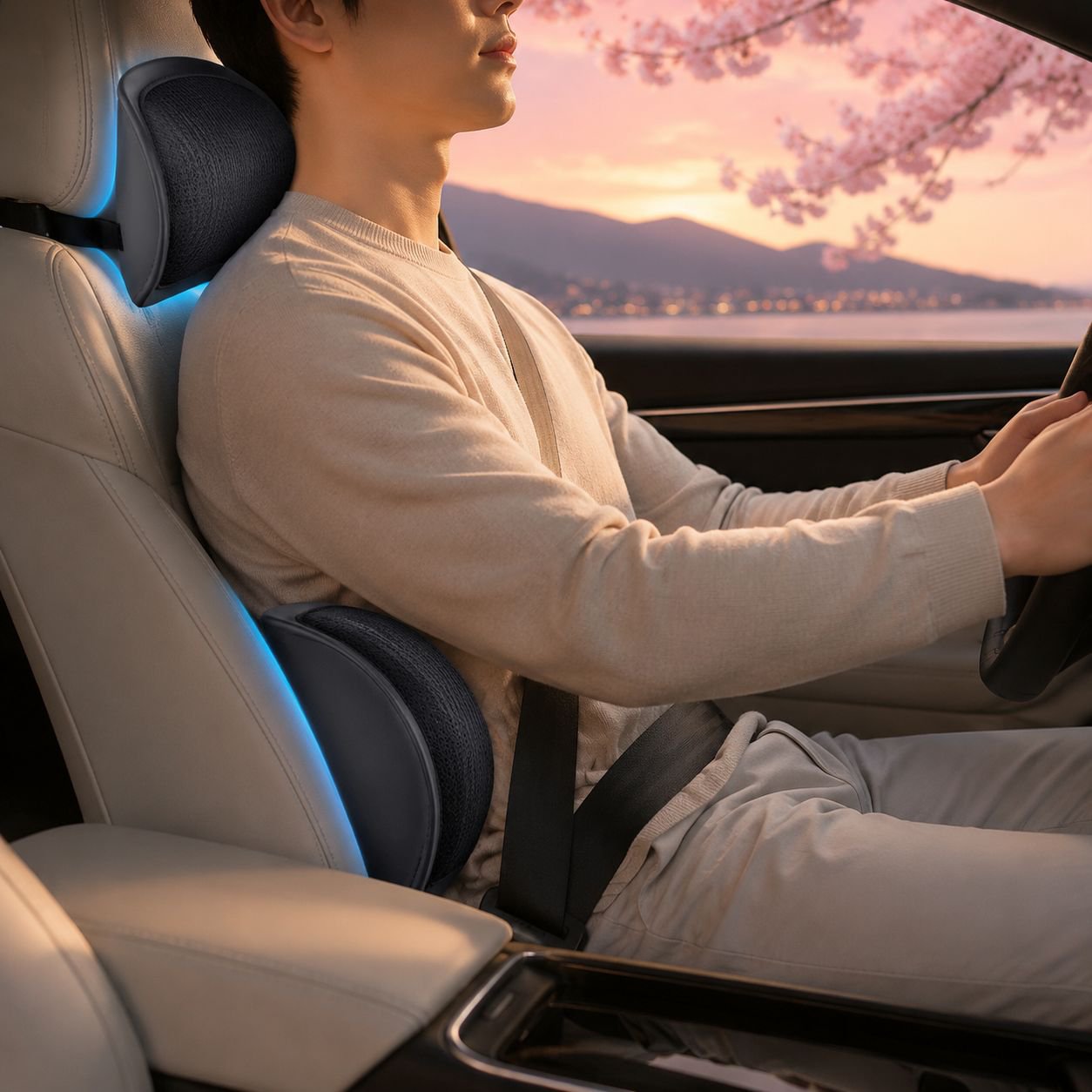 雲のような感触のシルク製カーランバーサポートヘッドレストカーバックレスト強力サポートランバーサポートカーシートクッションオールシーズン夏用