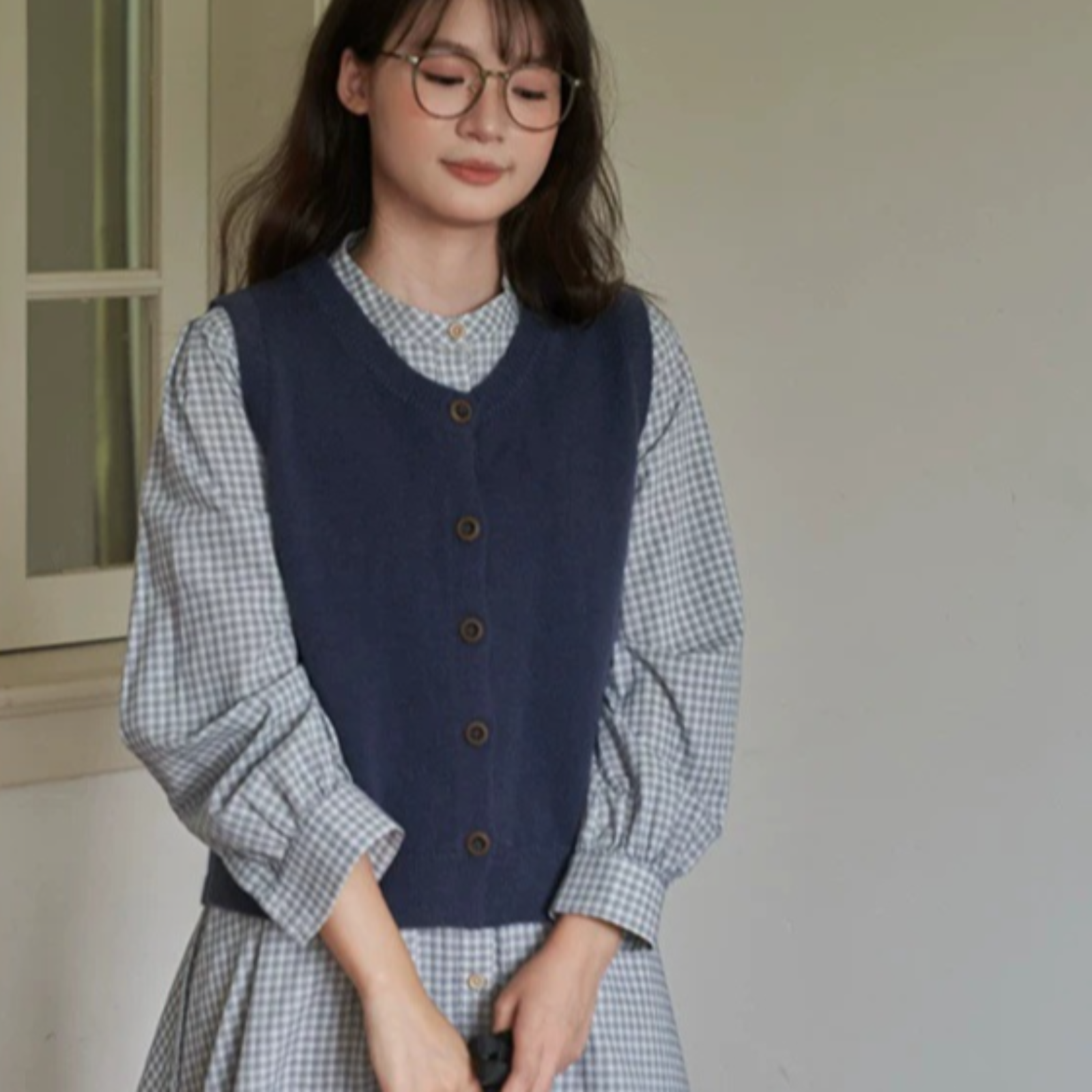 新作春秋コレクション　和風チェック柄スタンドカラーパッチワークウエストドローストリングミドル丈ワンピース（小柄な方向け）