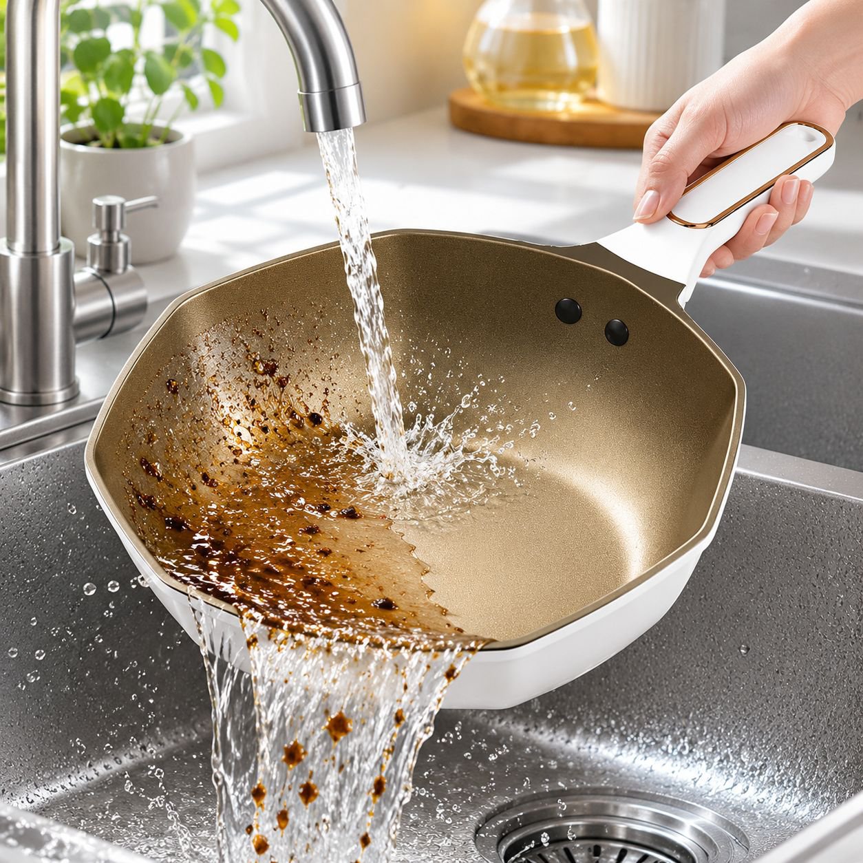 Durable frying pan with even heat distribution in use