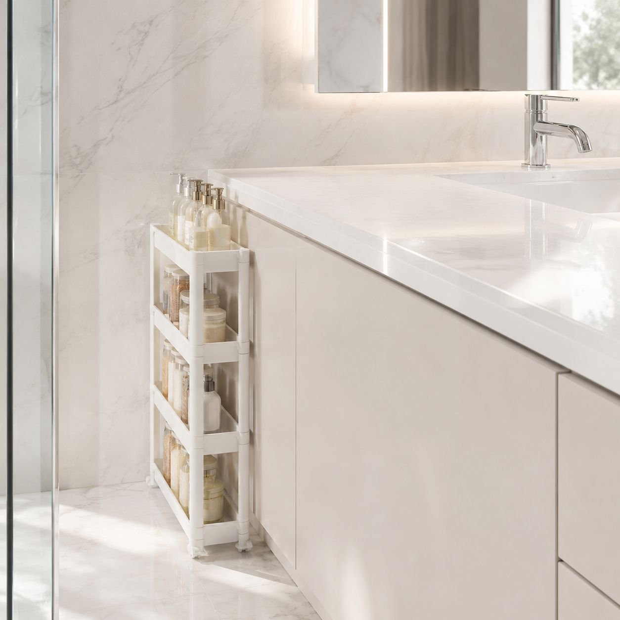 Compact movable rack for bathroom essentials