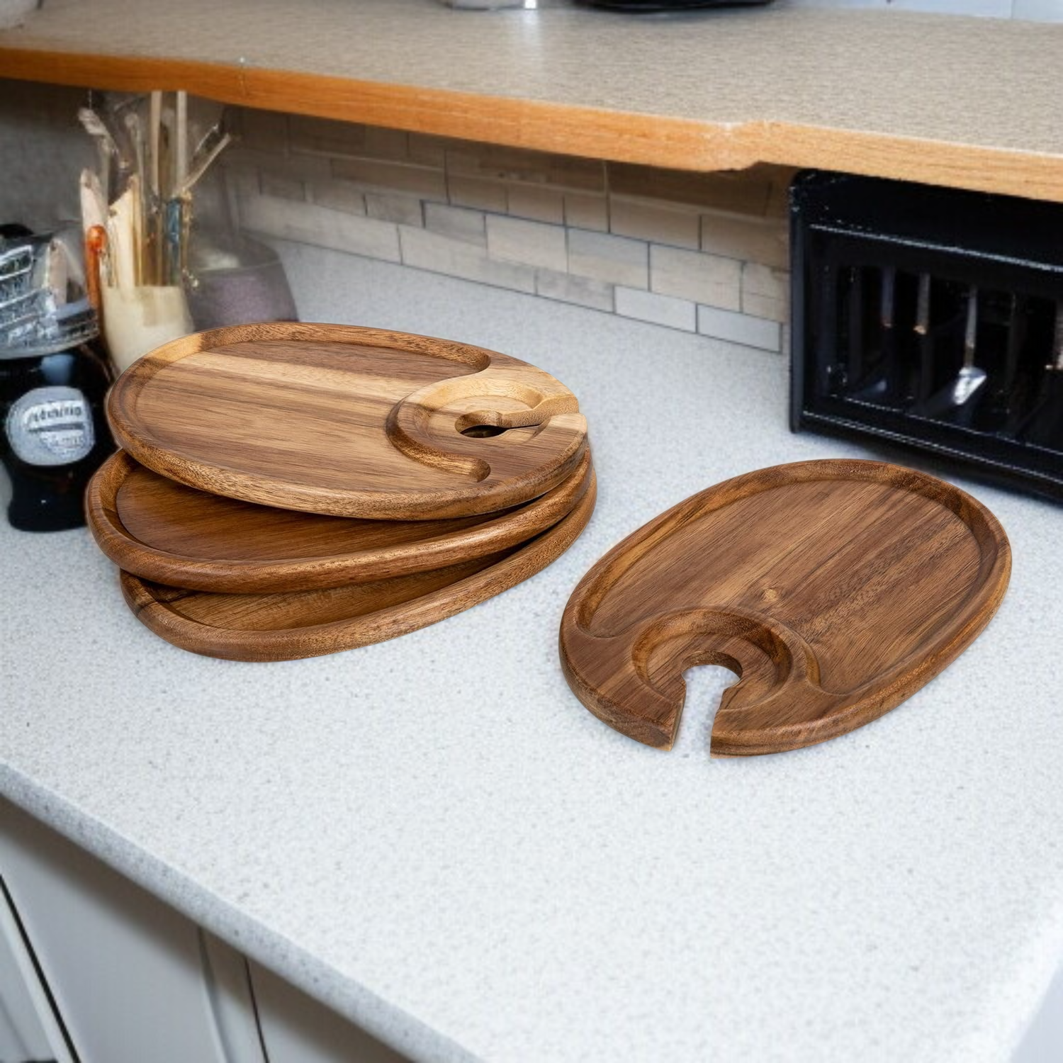 パーティー用アカシア木製高脚トレイ＆ワイングラスプレート